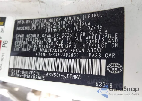 2015 Toyota Camry Le from USA, damaged, VIN 4T4BF1FK4FR482853